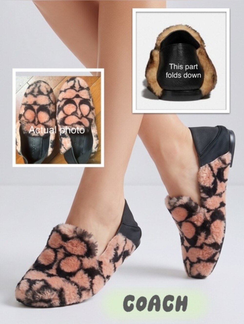 COACH SIGNATURE SHEARLING LEATHER SLIPPERS  PINK AND BLACK   SIZE 6B